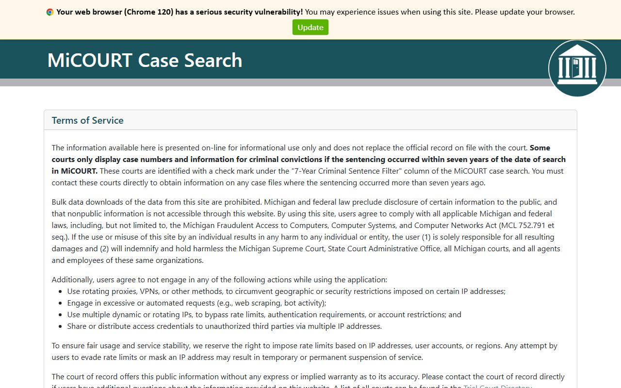 MiCOURT online case search results for Dearborn traffic ticket records
