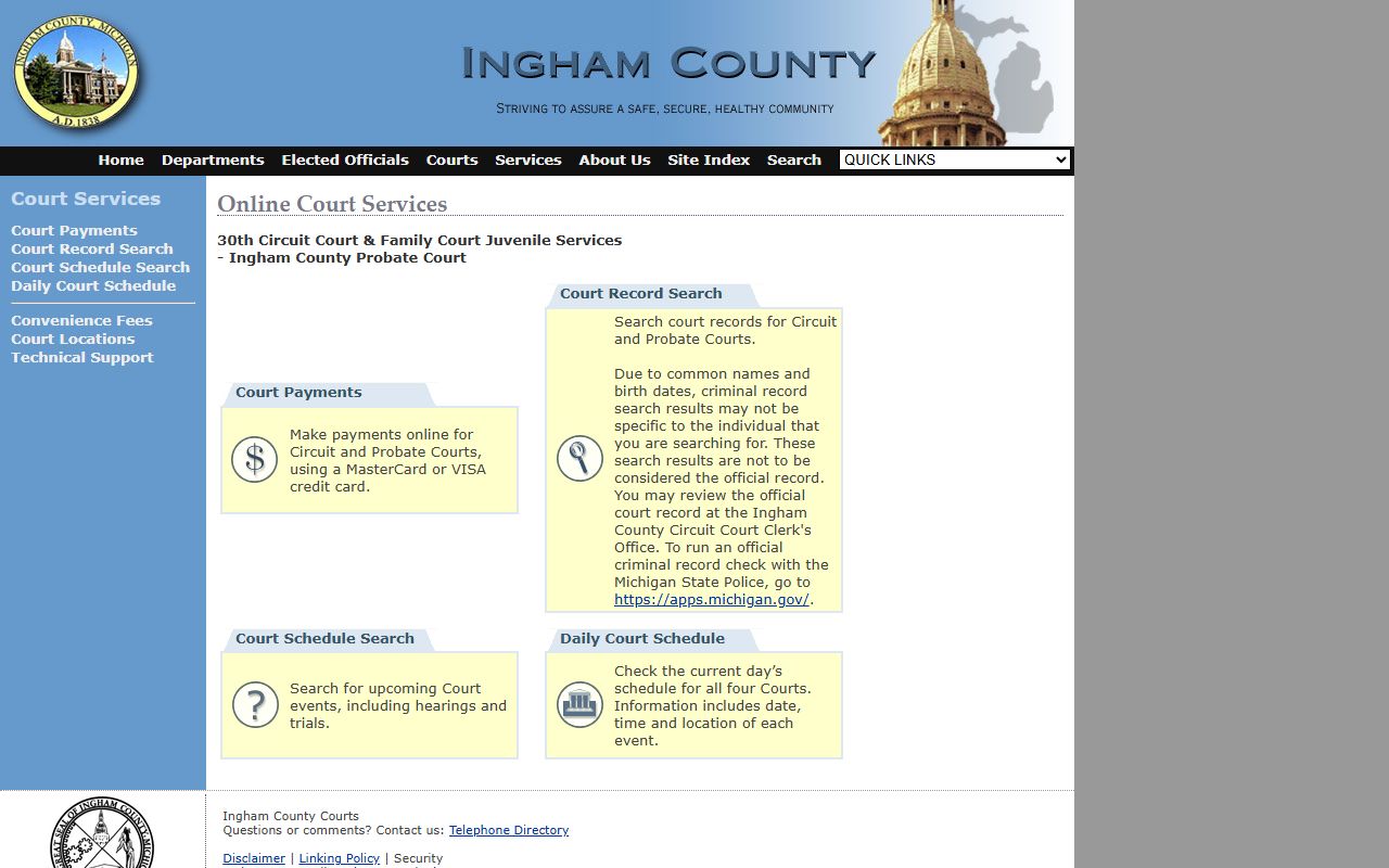 Ingham County Courts website for traffic ticket records in Lansing area