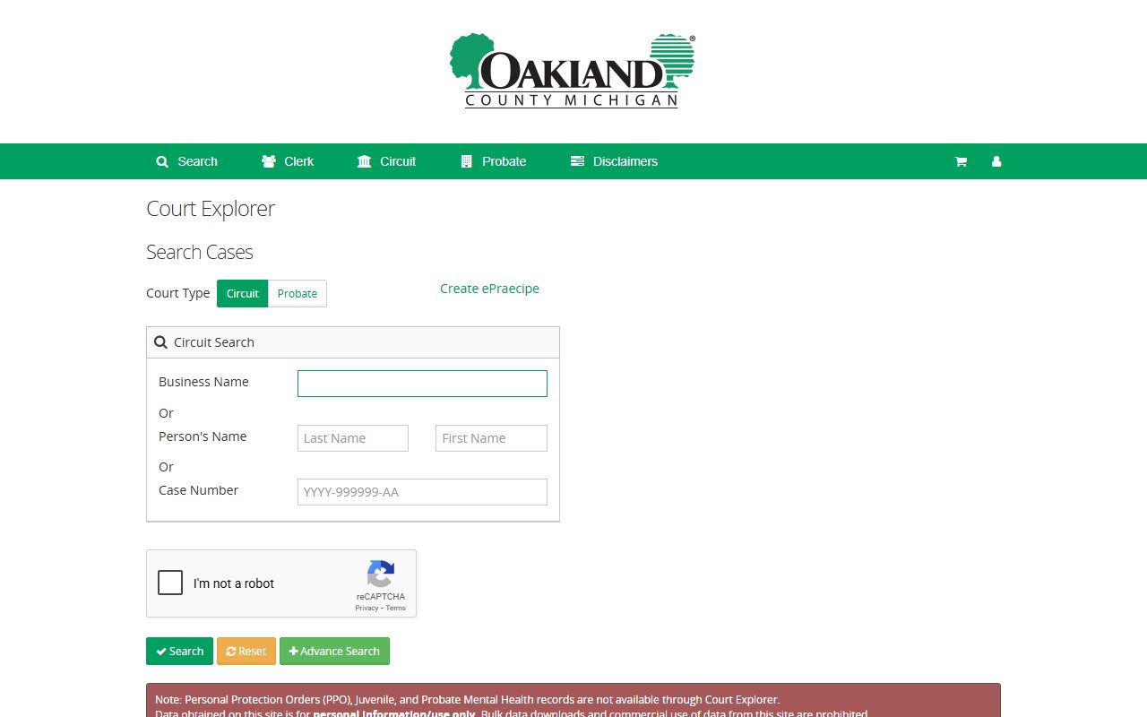 Oakland County Court Explorer database for searching traffic ticket records online