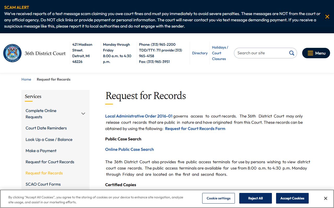 Wayne County 36th District Court record request form for traffic ticket records